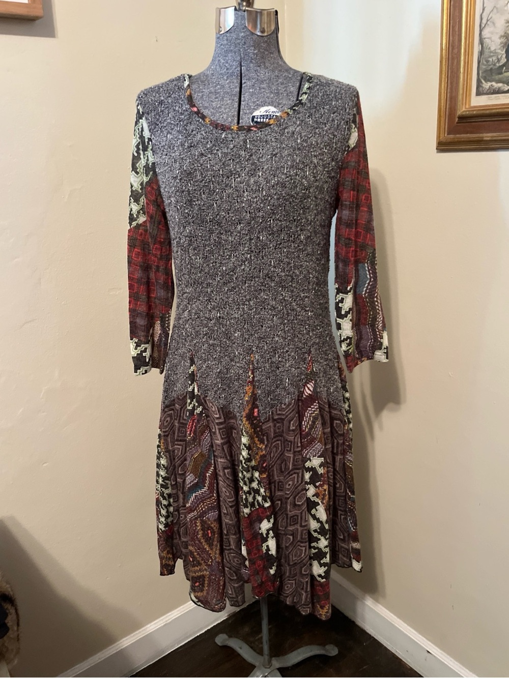 Y2K Fairy Grunge Knit Patchwork Tiered Long Sleeve Dress M Boho Textured